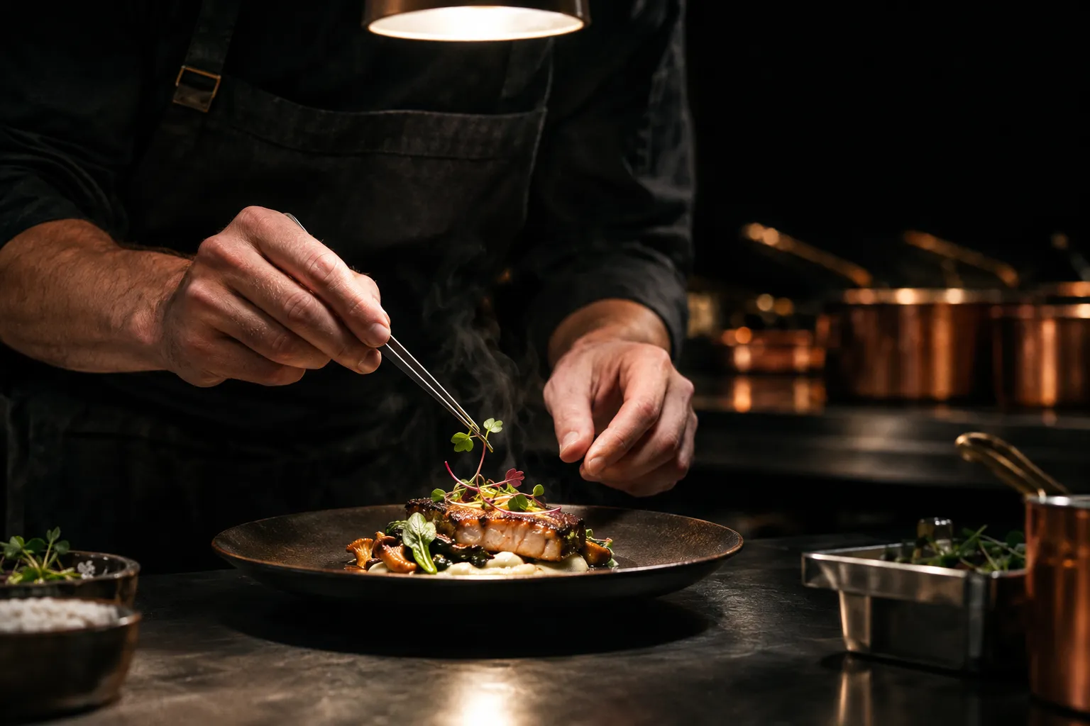 Mains d’un cuisinier dressant une assiette à la pince sous une lampe